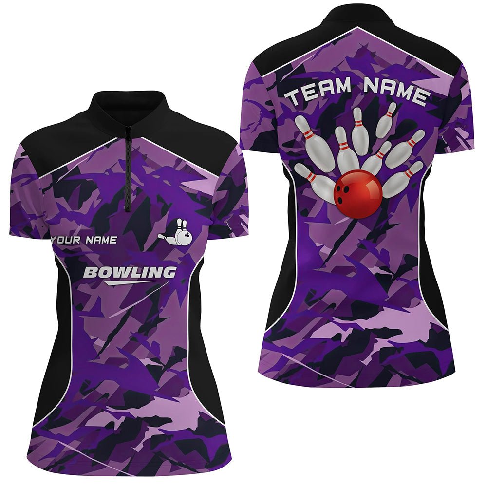 Damen Bowling-Quarter-Zip-Shirt | Personalisiertes Bowlingball-Pin-Purple-Camo-Bowling-Team-Trikot für Frauen Q6488 - Climcat