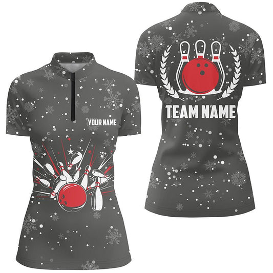 Damen Bowling-Quarter-Zip-Shirts individuell gestalten - Retro Bowling Team Weihnachtsmotiv - Damen Bowler Trikots Q6592 - Climcat