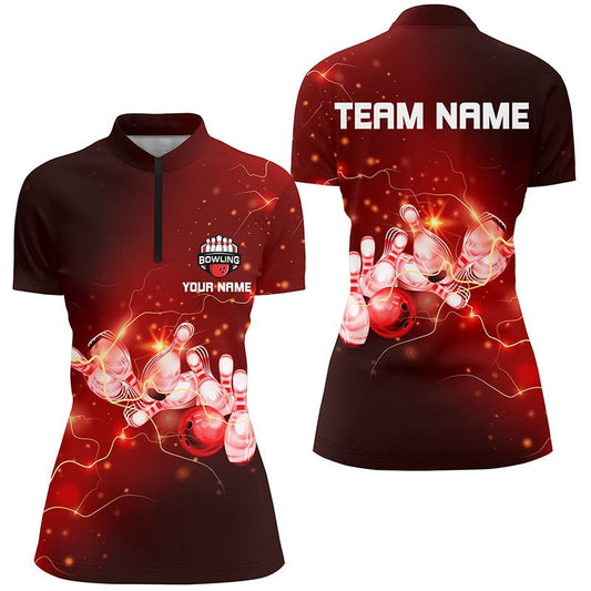 Damen Bowling Quarter-Zip Shirts individuell gestalten - Rote Blitze des Donners für Bowling-Team - Damen Trikots Q6637 - Climcat