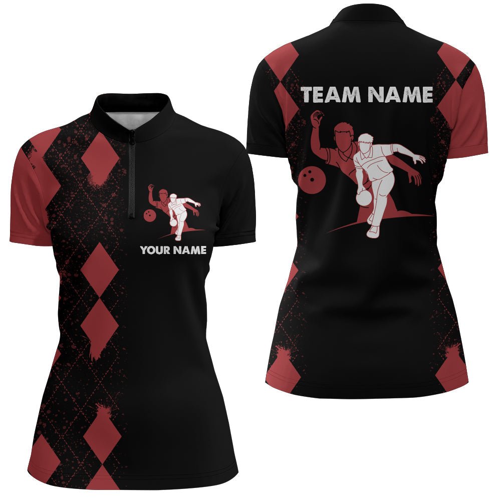 Damen Bowling Shirt mit individuellem Namen - Rot & Schwarz, Viertelreißverschluss, Bowling Team Shirt für Bowlingliebhaber N22 - Climcat