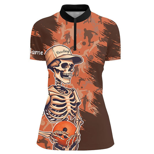 Damen Bowling Shirt mit Totenkopf Orange Camouflage Viertelreißverschluss Personalisierter Name Frauen Bowlers Trikot Q5796 - Climcat