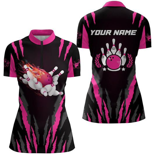 Damen Bowling Shirt mit Viertelreißverschluss | Individuell gestaltet mit Flammen Bowlingkugel & Pins | Bowling Trikots, Bowling Geschenke | Pink Q5494 - Climcat