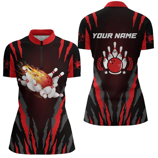 Damen Bowling Shirt mit Viertelreißverschluss, individuell gestaltet mit Flammen Bowlingkugel und Pins, Bowling Trikots, Bowling Geschenke Q4397 - Climcat