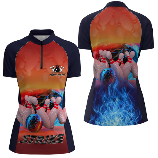 Damen Bowling-Shirt mit Viertelreißverschluss, individueller Name, Blau, Feuerdesign, Bowling Strike Ball und Pins, Bowling Trikot Q4813 - Climcat