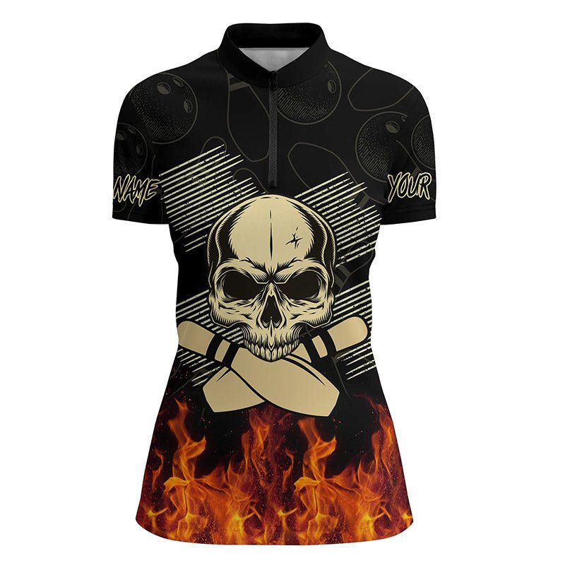 Damen Bowling Shirt mit Viertelreißverschluss, individueller Name, Totenkopf-Flammen-Design, personalisierte Bowling Trikots Q4400 - Climcat