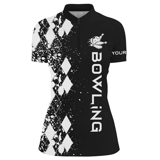 Damen Bowling Shirt mit Viertelreißverschluss | Personalisiertes schwarzes Bowling Shirt für Frauen | Individuelle Bowling Geschenke | Q4406 - Climcat