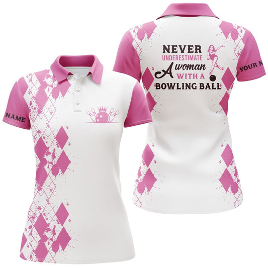 Damen Bowling Shirts mit individuellem Namen - Unterschätze niemals eine Frau mit einer Bowlingkugel - Bowling Polo Shirts Q4462 - Climcat