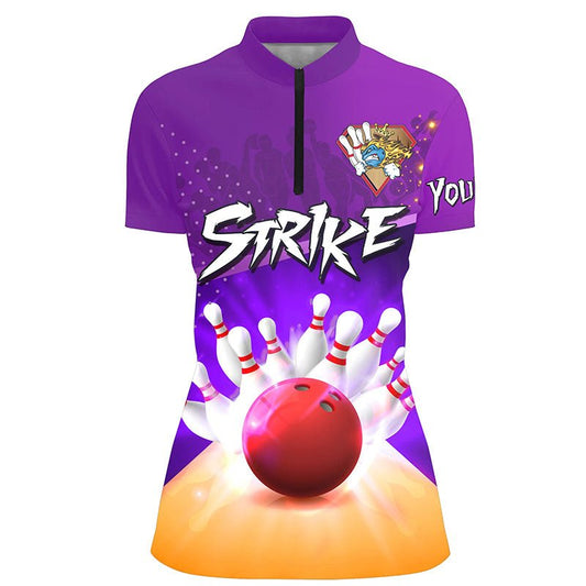 Damen Bowling Viertel-Zip Maßgeschneidertes Bowlingkugel- und Pins-Strike-Lila-Team Damen Bowlers Trikot Q5948 - Climcat