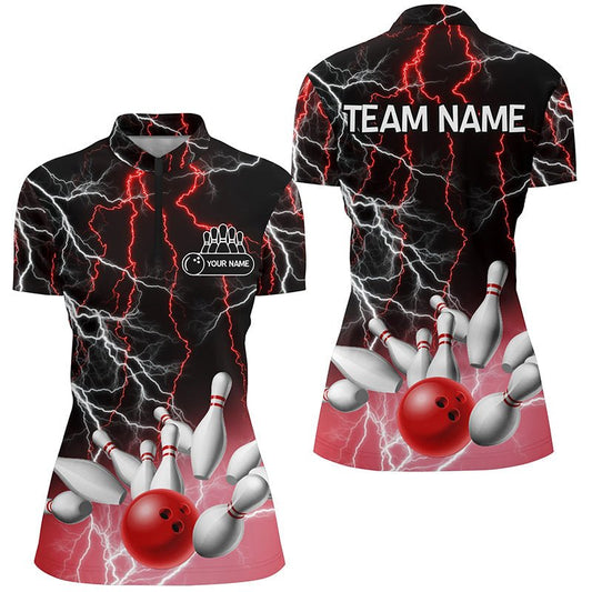 Damen Bowling Viertel-Zip-Shirt | Individuelles Bowling Rot Blitz Donner Team Liga Trikot Q6672 - Climcat