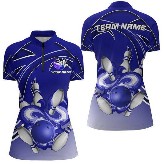 Damen Bowling Viertel-Zip-Shirt Individuelles Bowlingkugel-Pins Team Liga Trikot, Geschenke für Bowler | Blau Q7073 - Climcat