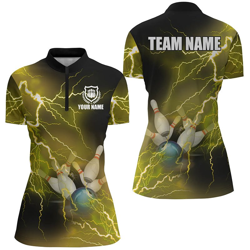 Damen Bowling Viertel-Zip-Shirt Individuelles gelbes Blitz- und Donner-Bowling-Teamtrikot, Geschenk für Bowler Q6378 - Climcat