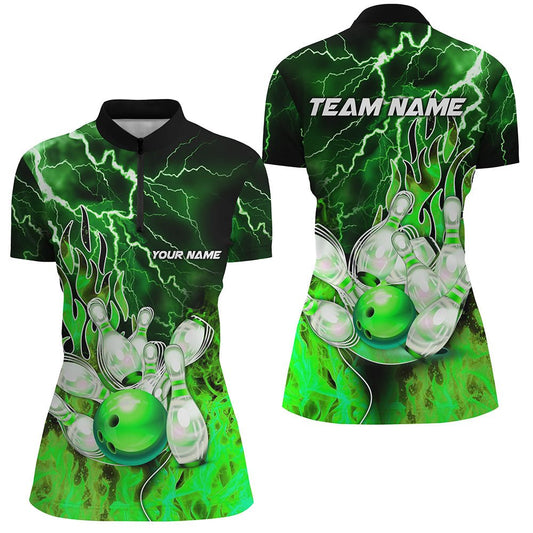 Damen Bowling Viertel-Zip-Shirt Individuelles grünes Blitz- und Donner-Bowling-Teamtrikot, Geschenk für Bowler Q7065 - Climcat