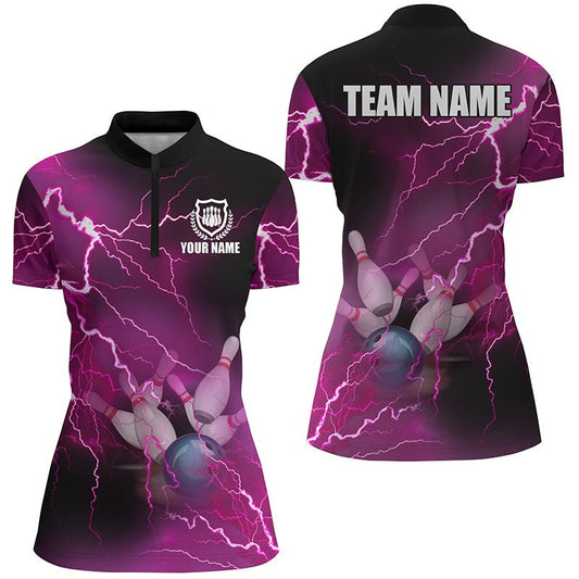 Damen Bowling Viertel-Zip-Shirt Individuelles pinkes Blitz- und Donner-Bowling-Teamtrikot, Geschenk für Bowler Q6379 - Climcat