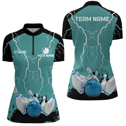 Damen Bowling Viertel-Zip-Shirt | Personalisiertes Bowling Strike Lightning Storm Team Liga Trikot | Türkis Q6342 - Climcat