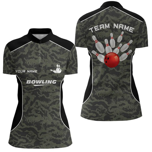 Damen Bowling Viertel-Zip-Shirt - Personalisiertes Bowlingball und Pins Camo Bowling Team Trikot für Frauen Q5248 - Climcat