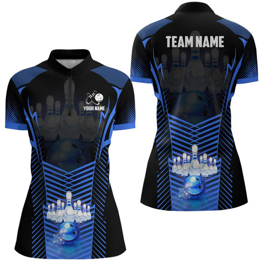 Damen Bowling Viertel-Zip-Shirt | Personalisiertes Bowlingkugel-Pins-Team-Liga-Trikot | Geschenke für Bowler | Blau Q7071 - Climcat