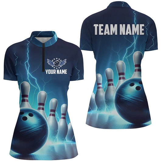 Damen Bowling Viertel-Zip Shirts individuell gestaltet - Blauer Donner Blitz Bowling Team Trikots P5395 - Climcat