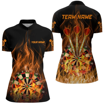 Damen Dartshirt mit Feuerflammen-Dartboard-Motiv, individuell anpassbares 1/4 Zip Dartshirt für Frauen, Darttrikot J727 - Climcat