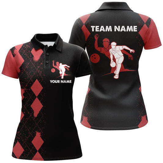 Damen Polo Bowling Shirt mit personalisiertem Namen in Rot & Schwarz für Bowlingliebhaberinnen B22 - Climcat