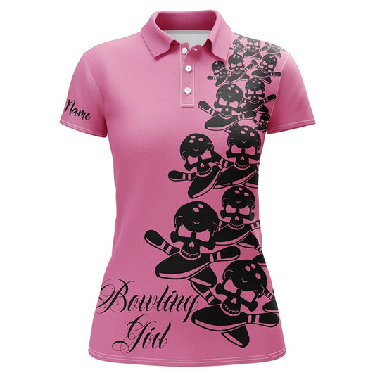 Damen Polo Bowling Shirt | Personalisiertes Damen Skull Bowlers Trikot | Team Bowling Geschenke | Pink Q5844 - Climcat