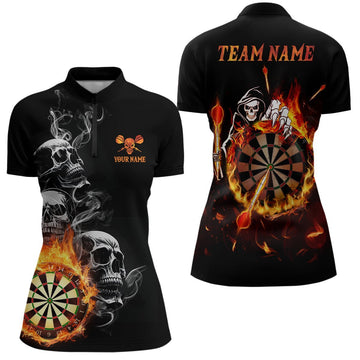 Damen-Quarter-Zip-Shirt mit Darts-Schädel-Flammen-Motiv, individuell anpassbares Feuer-Darts-Shirt für Frauen, Darts-Trikot Y368 - Climcat