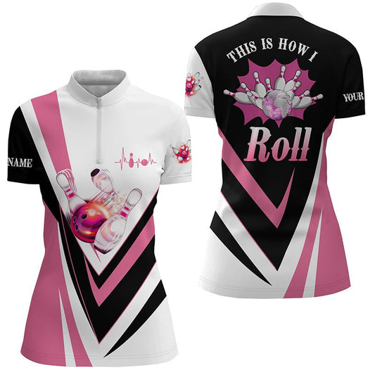 Damen Viertelreißverschluss-Shirt Individuell gestaltet mit pinken Bowlingkugel-Pins - So rolle ich! Bowling-Team-Trikot Q6385 - Climcat