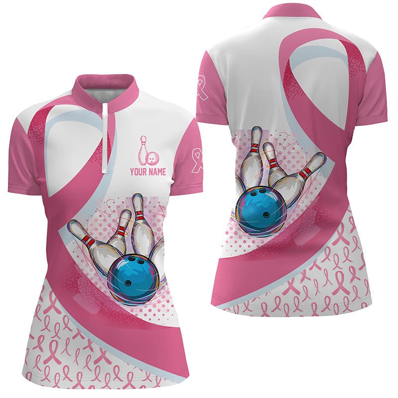 Damen Viertelreißverschluss-Shirt Individuell gestaltetes Pink Ribbon Bowlingkugel-Pins Brustkrebsbewusstsein Bowlingtrikots Q6338 - Climcat