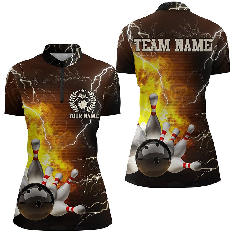 Damen Viertelreißverschluss-Shirt Individuelles Bowling Team Jersey mit Flammen-, Blitz- und Donnerdesign, Bowling Liga Shirt Q6150 - Climcat