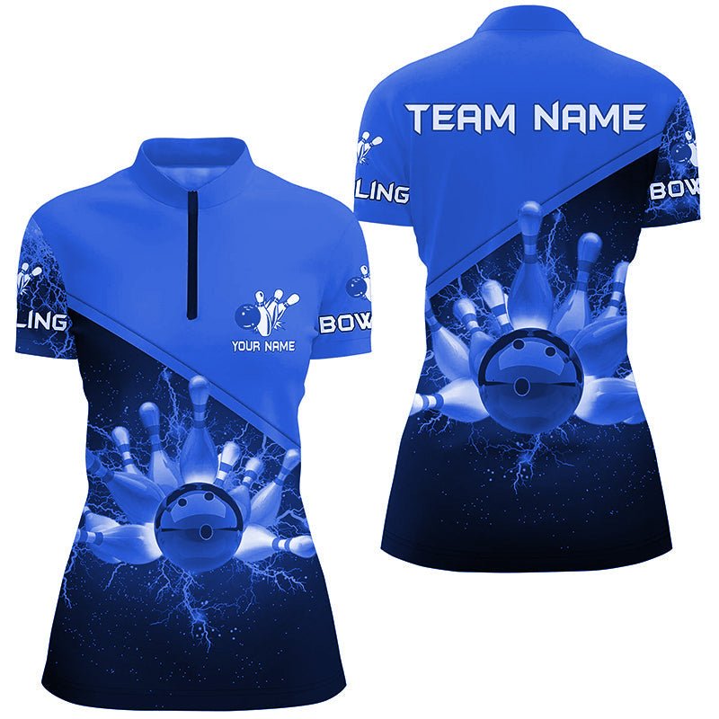 Damen Viertelreißverschluss-Shirt Individuelles Bowling-Teamtrikot mit blauem Blitz und Donner, Geschenk für Team-Bowler Q6620 - Climcat