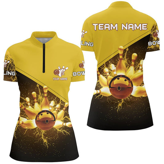 Damen Viertelreißverschluss-Shirt Individuelles Bowling-Teamtrikot mit goldenem Blitz und Donner, Geschenk für Team-Bowler Q6383 - Climcat