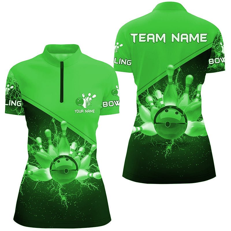 Damen Viertelreißverschluss-Shirt Individuelles grünes Blitz- und Donner-Bowling-Teamtrikot, Geschenk für Team-Bowler Q6621 - Climcat