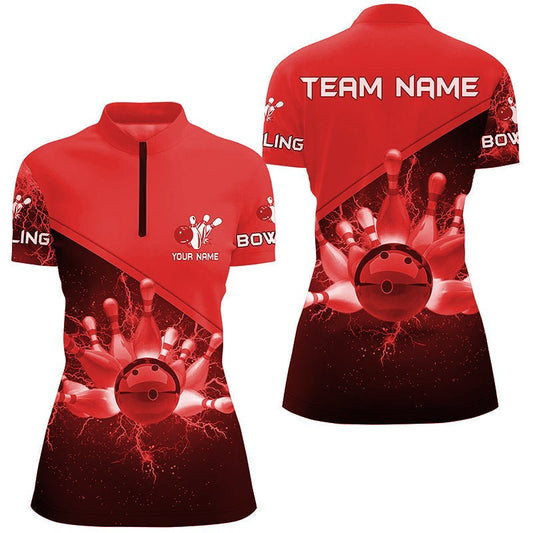 Damen Viertelreißverschluss-Shirt Individuelles rotes Blitz-Donner-Bowling-Teamtrikot, Geschenk für Team-Bowler Q6622 - Climcat