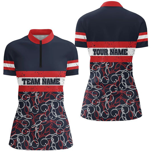 Damen Viertelreißverschluss-Shirt mit individuellem Namen, rot und blau, Vintage Bowling Team Bowlers Trikots Q5274 - Climcat