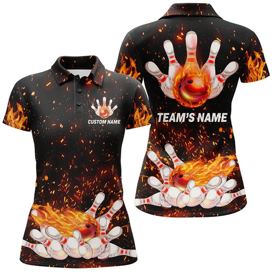 Flame Bowling Damen Polo Shirt, Personalisiertes Team Bowlers Trikot Kurzarm B66 - Climcat