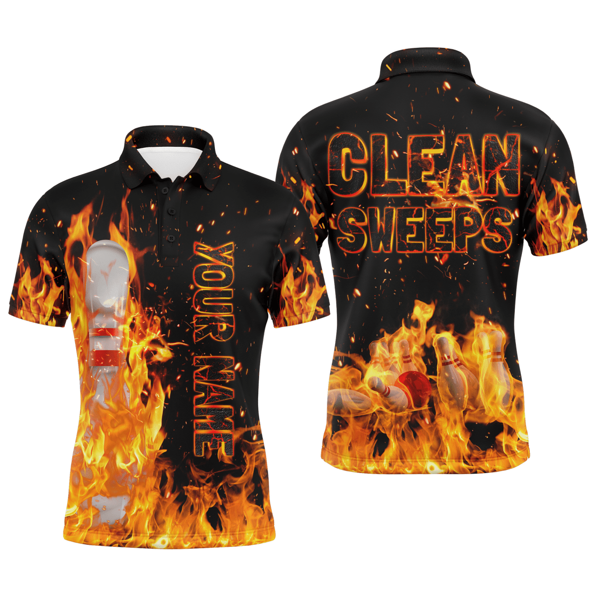 Flame Bowling Herren Polo Shirt, Clean Sweeps Personalisiertes Team Bowlers Trikot B80 - Climcat