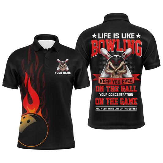 Flame Bowling Herren Polo Shirt, Personalisiertes Skull Bowlers Trikot Kurzarm B61 - Climcat