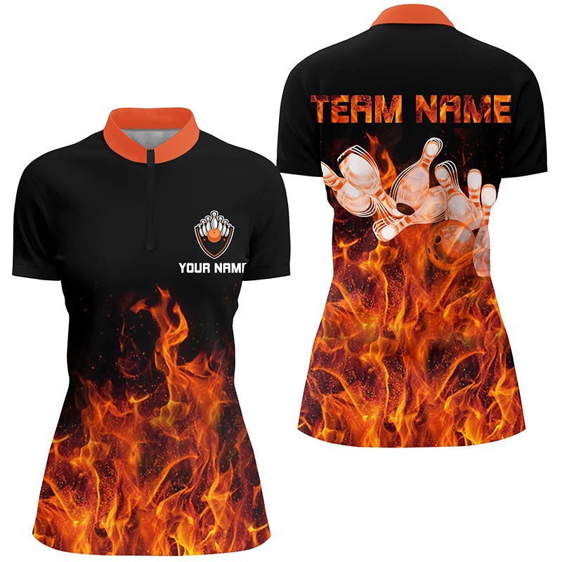 Flame Bowling Viertel-Zip Shirt Damen schwarz - Personalisierte Bowling Team Shirts Q6036 - Climcat