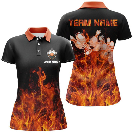 Flame Damen Bowling Polo Shirt Schwarz - Personalisierte Bowling Team Shirts Q6036 - Climcat