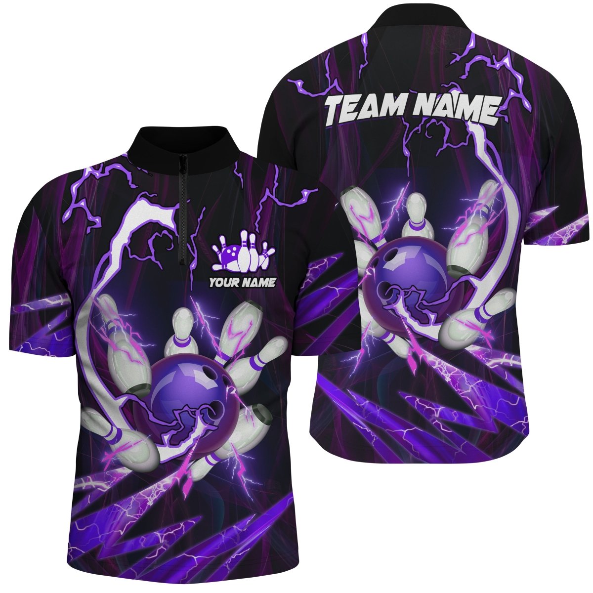 Flammen Blitz Donner Bowlingkugel Pins | Individuelle Team Bowling Viertel-Zip-Shirts für Herren | Lila Q6550 - Climcat