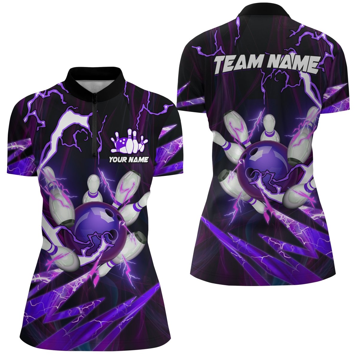 Flammen Blitz Donner Bowlingkugel Pins | Personalisierte Team Bowling Viertel-Zip-Shirts für Frauen | Lila Q6550 - Climcat