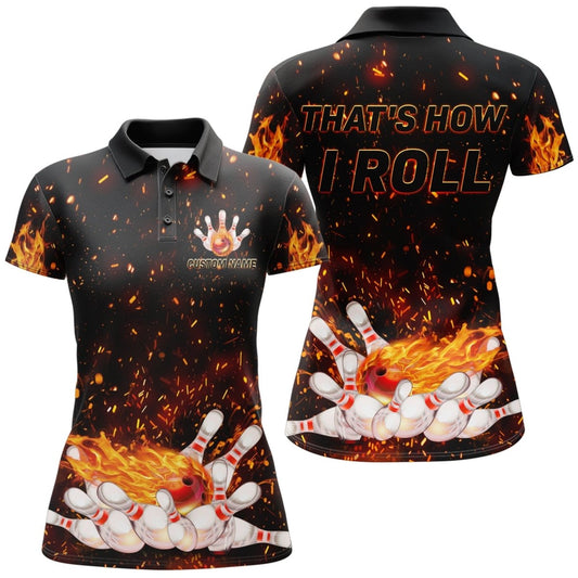 Flammen Bowling Polo Shirt für Damen, Personalisiertes Schwarzes Bowling Trikot für weibliche Bowlerinnen B139 - Climcat