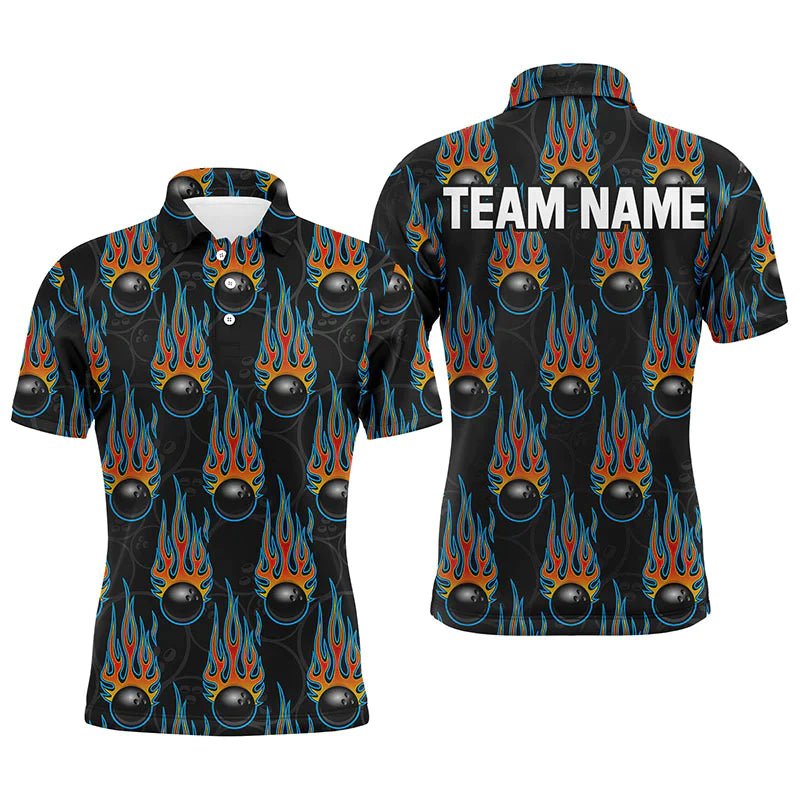 Flammen Bowling Polo Shirt, Personalisiertes Herren Kurzarm Bowlers Trikot mit individuellem Teamnamen B40 - Climcat