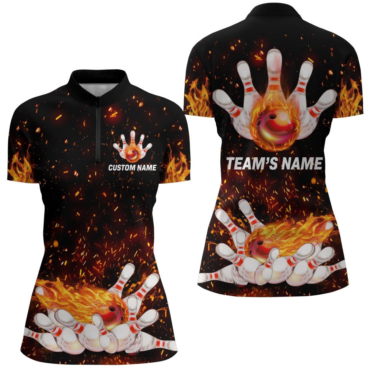 Flammen Bowling Shirt für Damen, Viertelreißverschluss Shirt, Personalisiertes Team Bowlers Trikot, Kurzarm N66 - Climcat