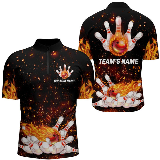 Flammen Bowling Shirt für Herren, Viertel-Reißverschluss Shirt, Personalisiertes Team Bowlers Trikot, Kurzarm N65 - Climcat