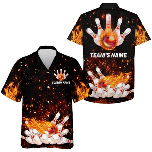 Flammen-Hawaiihemd für Bowling, personalisiertes Team-Bowlertrikot, kurzärmliges Knopfhemd, Feuer-Bowling B65 - Climcat