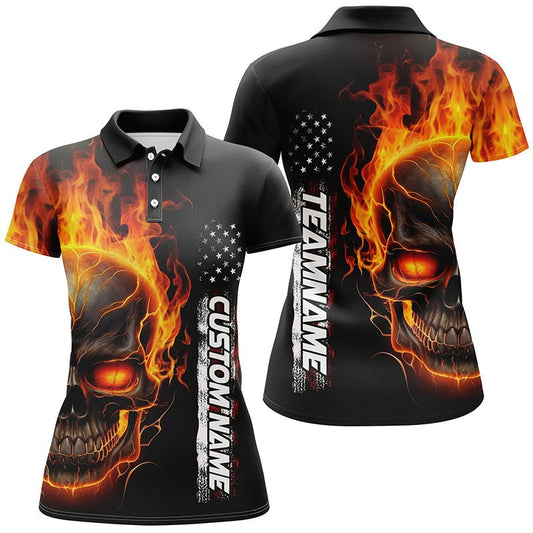 Flammen-Schädel Personalisierte Bowling-Polo-Shirts für Damen, Amerikanische Bowling-Team Trikots P5275 - Climcat