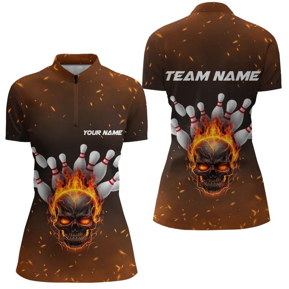 Flammen-Schädel Personalisierte Bowling-Shirts für Damen, Skull Team Bowling Trikot Bowling Team Shirt P5143 - Climcat