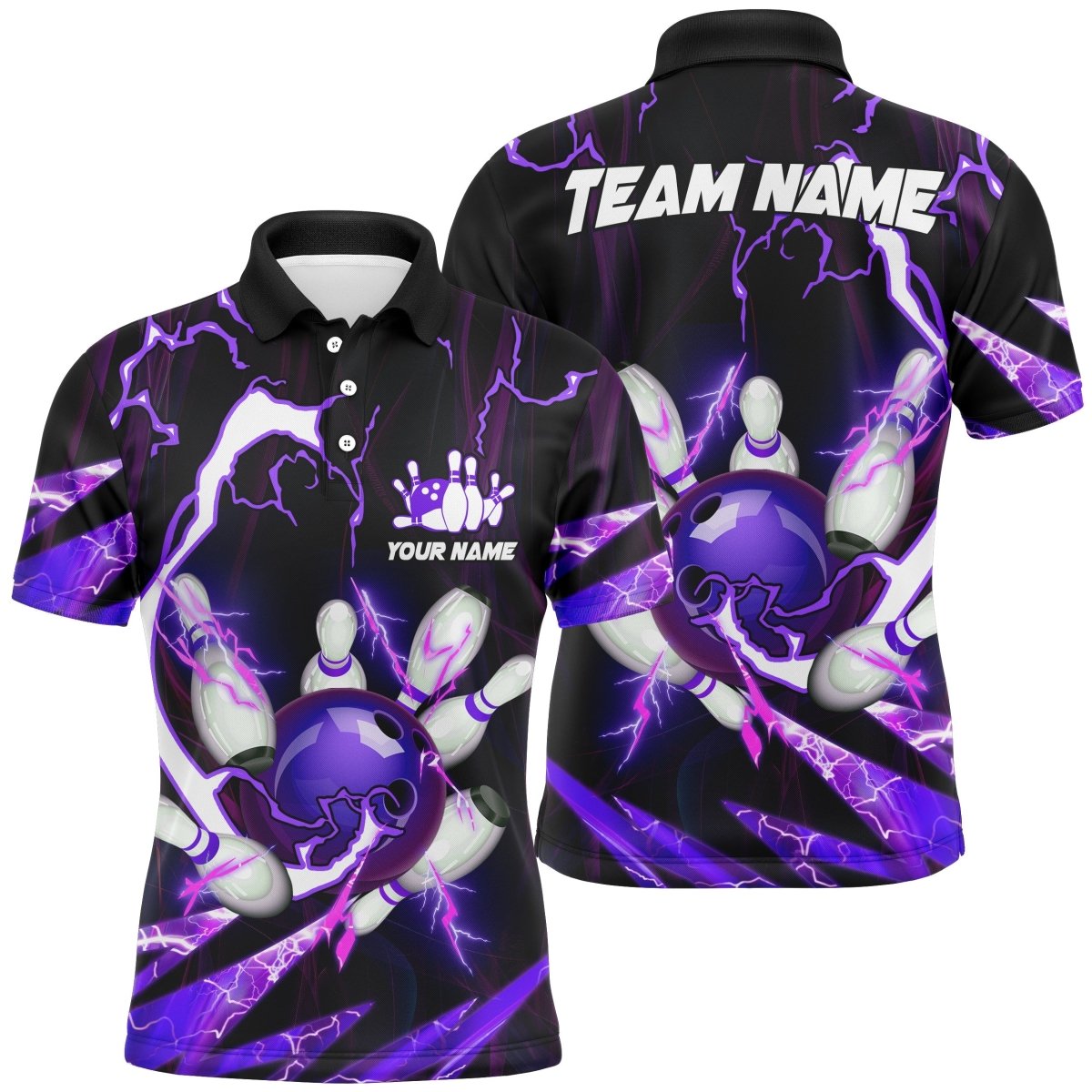 Flammenblitz Donner Bowlingkugel und Pins Trikots Individuelle Team-Bowling-Polo-Shirts für Herren | Lila Q6550 - Climcat