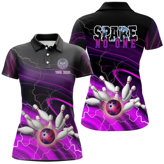 Frauen Bowling Polo Shirt - Individuell gestaltetes "Spare No One" Bowling-Trikot in Lila mit Blitz und Donner - Team Bowling Liga Trikots Q6674 - Climcat