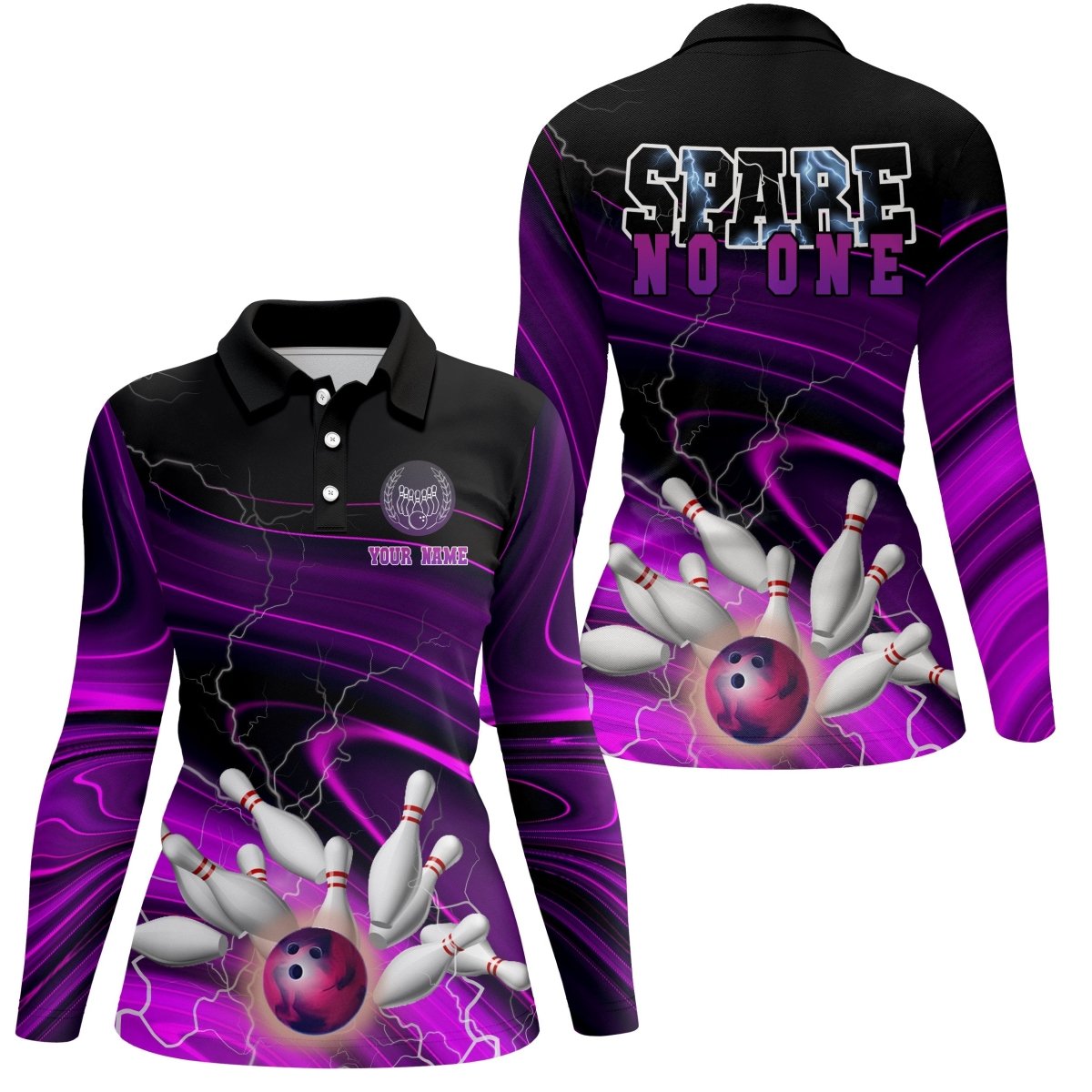 Frauen Bowling Polo Shirt - Individuell gestaltetes "Spare No One" Bowling-Trikot in Lila mit Blitz und Donner - Team Bowling Liga Trikots Q6674 - Climcat